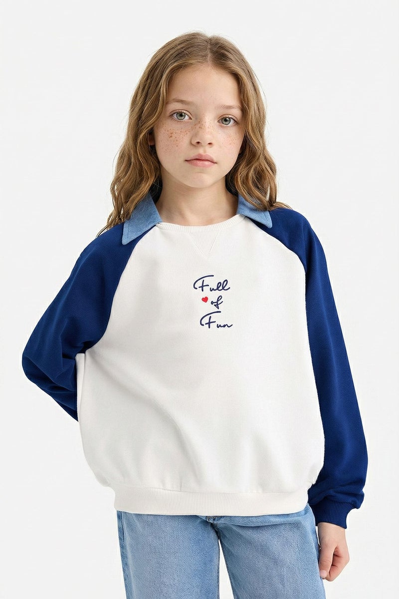 DeFacto Blue Girl Girl Slogan Printed Polo Collar Sweatshirt Casual - Image 4